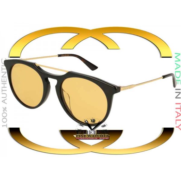 Gucci GG0320S-002 Black Gold Frame Yellow Lenses 53mm Sunglasses